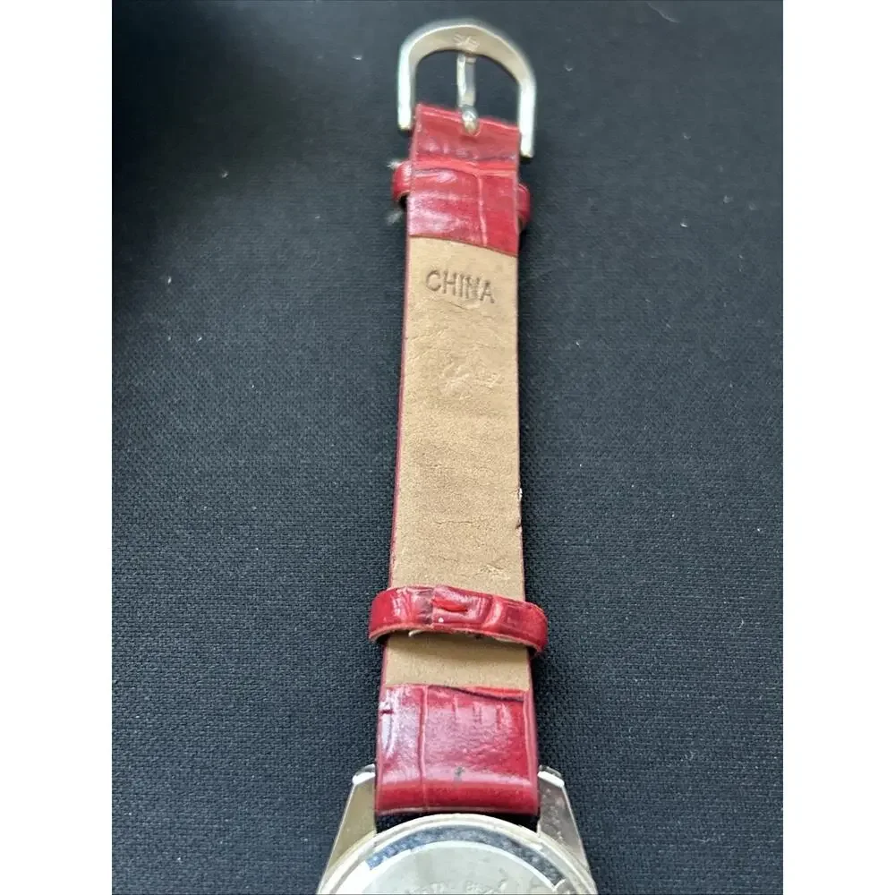 Silver Tone White Dial Red Band Women’s Quartz Watch
